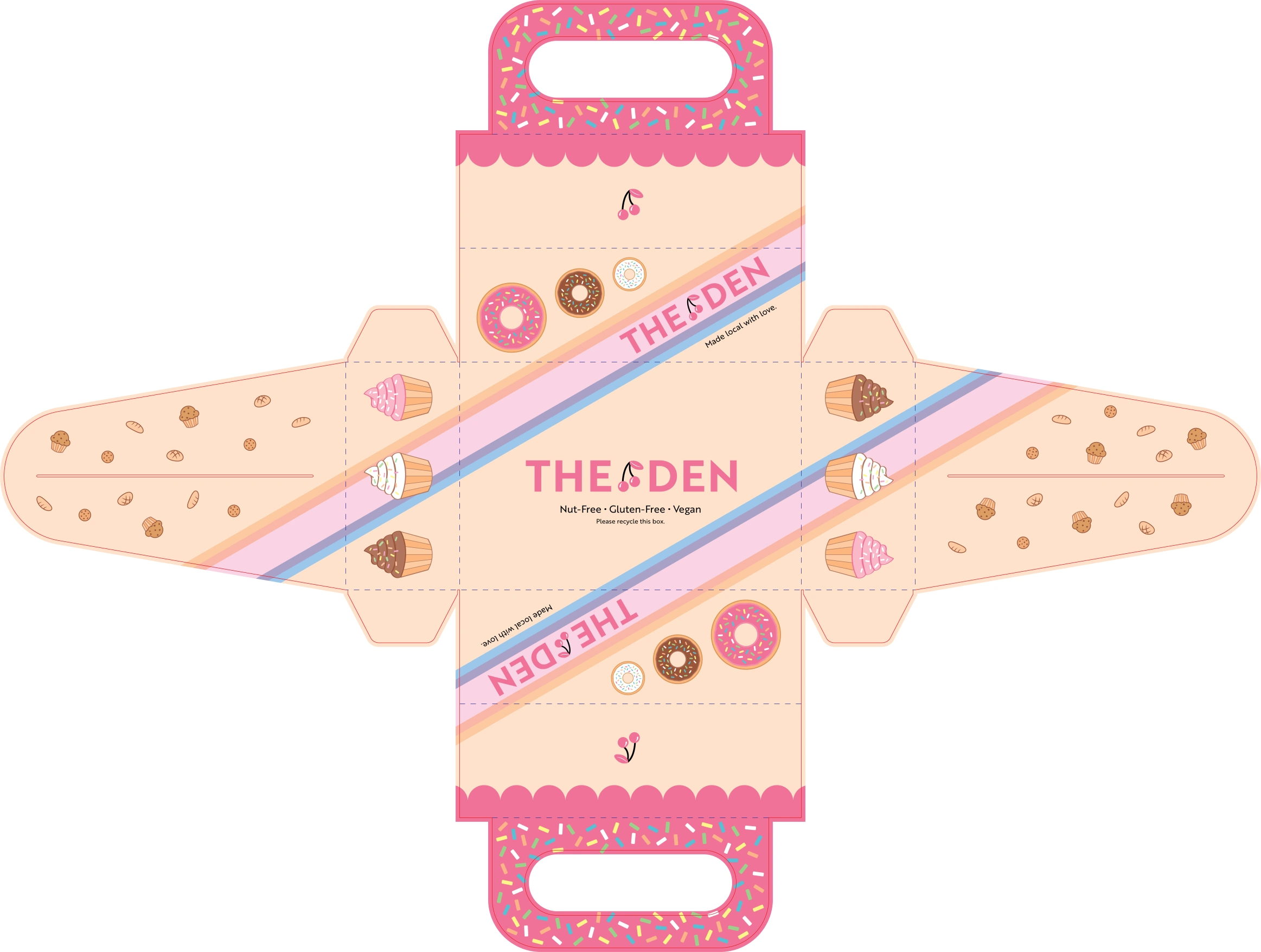 Packaging artwork and dielines for a made-up bakery named, The Den
