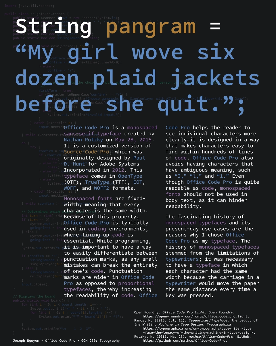 A poster showcasing the typeface, Office Code Pro
