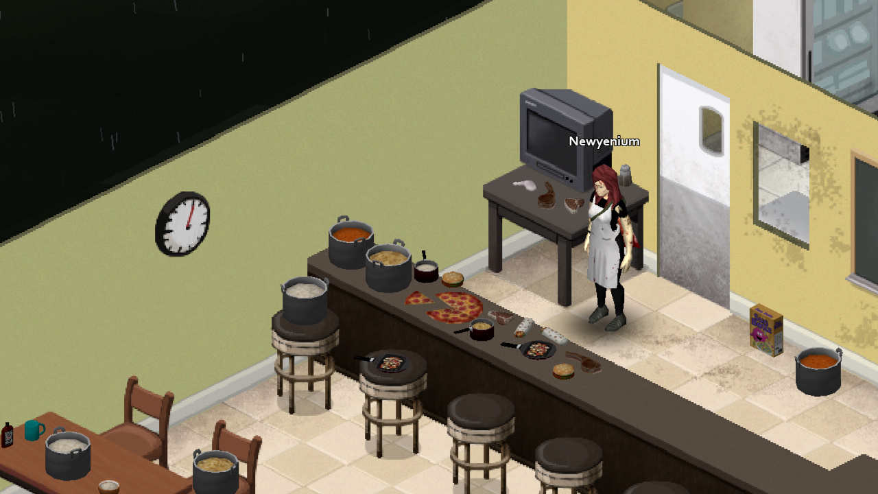 Pots of stew, pizza, and other entrées on a counter