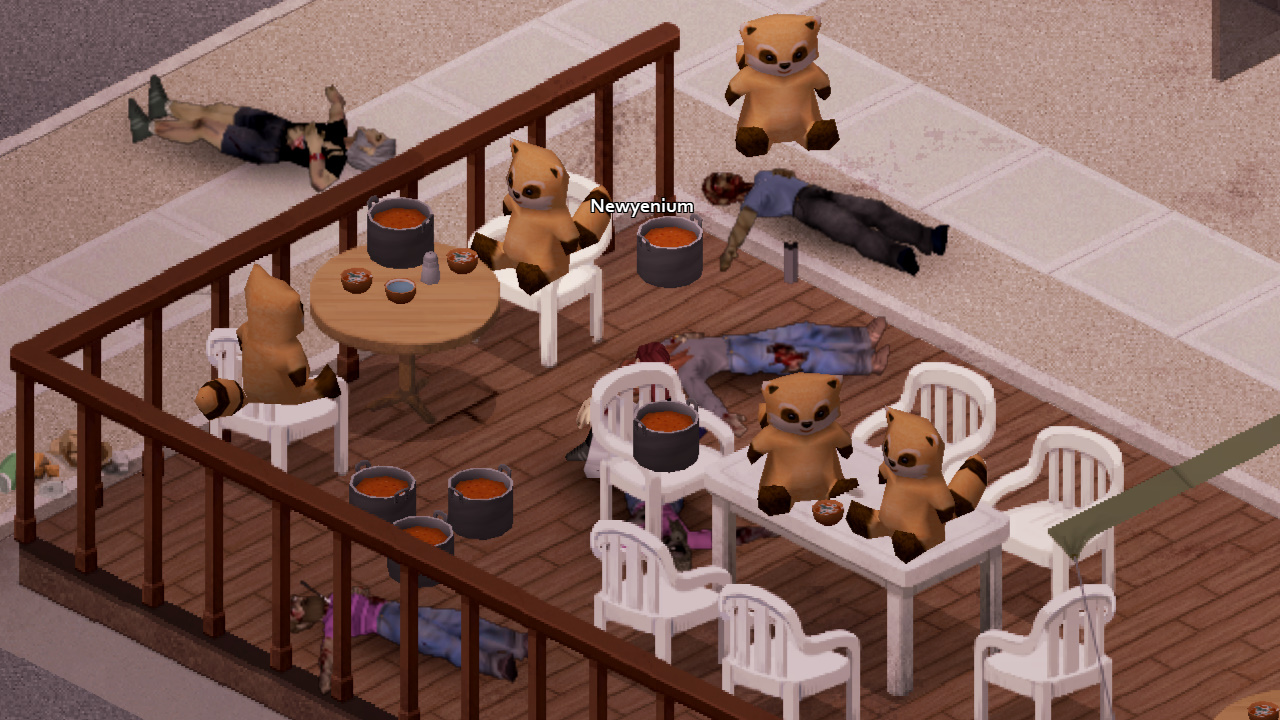 Some dead zombies in my kitchen, with lots of food around them