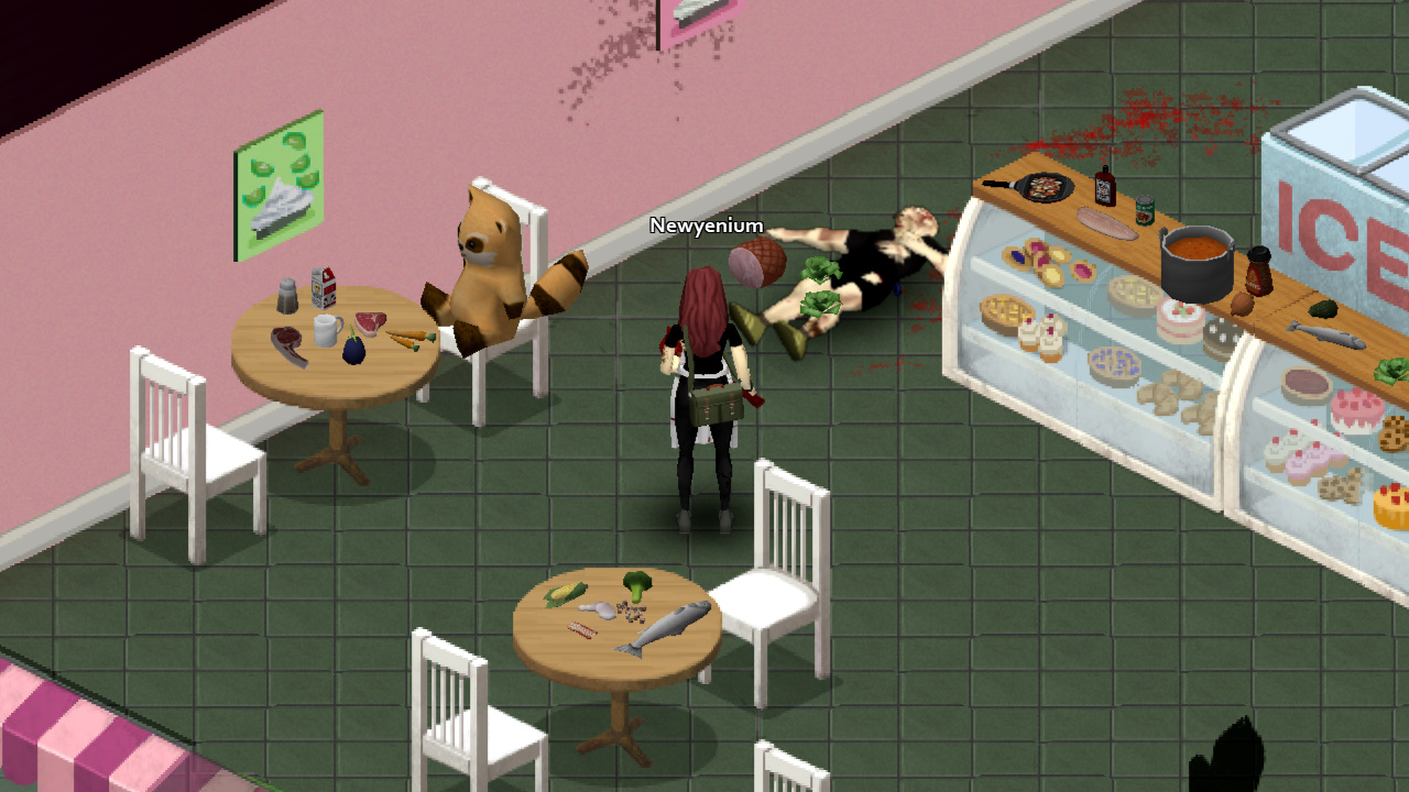 Some dead zombies in my kitchen, with lots of food around them