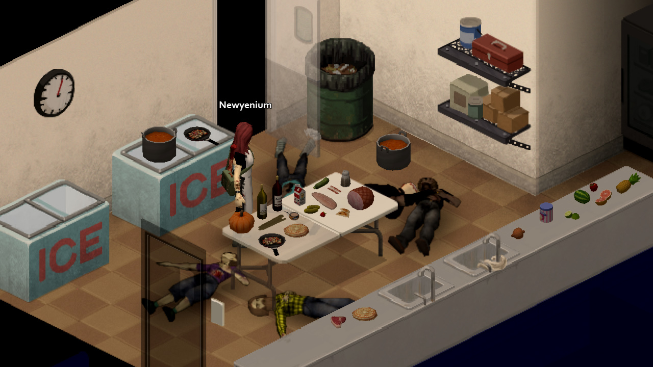 Some dead zombies in my kitchen, with lots of food around them